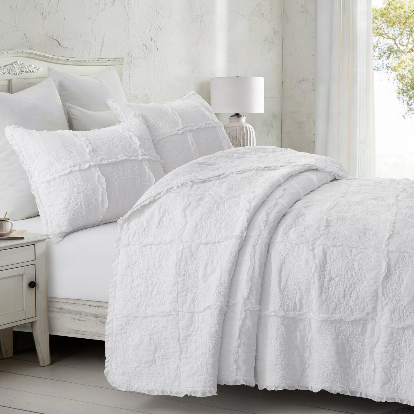 100% Cotton Heritage Ruffle Grid Shabby Chic Quilt