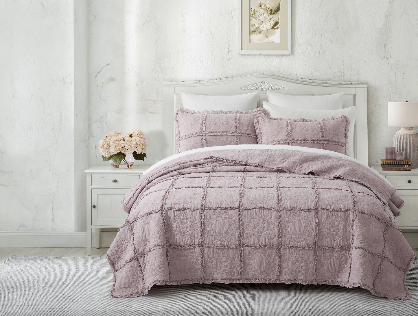 100% Cotton Heritage Ruffle Grid Shabby Chic Quilt