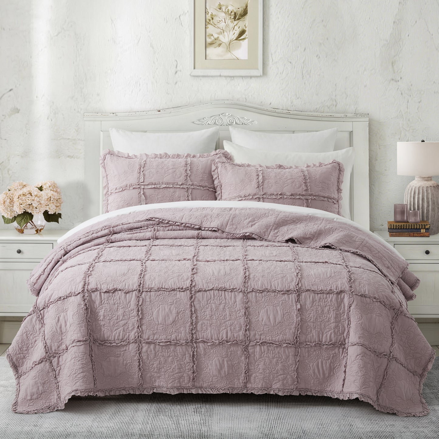 100% Cotton Heritage Ruffle Grid Shabby Chic Quilt